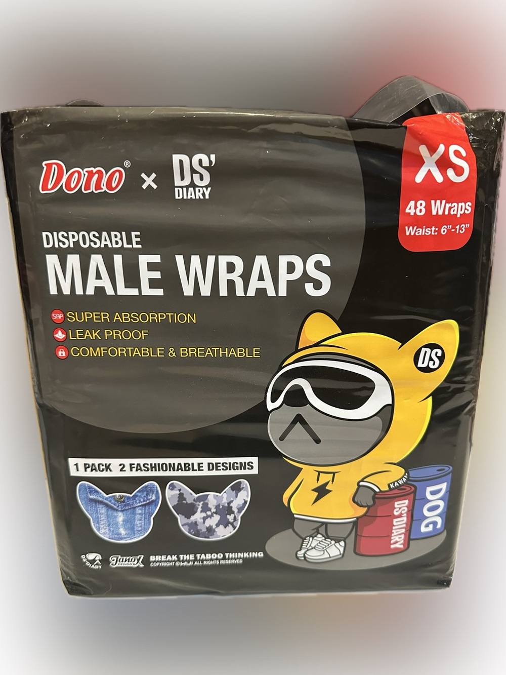 XS DONO DS’ DIARY DISPOSABLE MALE WRAPS CAMO BLUE JEAN 6” to 13” WAIST 48 WRAPS